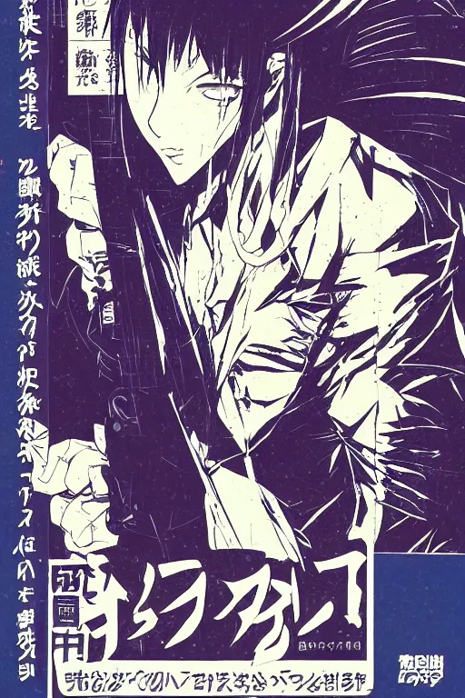 Image similar to professionally drawn seinen mature cyberpunk detective horror action manga comic cover, full color, beautifully drawn coherent professional, drawn by ilya kuvshinov!, satoshi kon, kentaro miura, dave mckean, tsutomu nihei. japanese script kanji hiragana on the cover. minimalist stylized cover art. indigo blue cel shaded