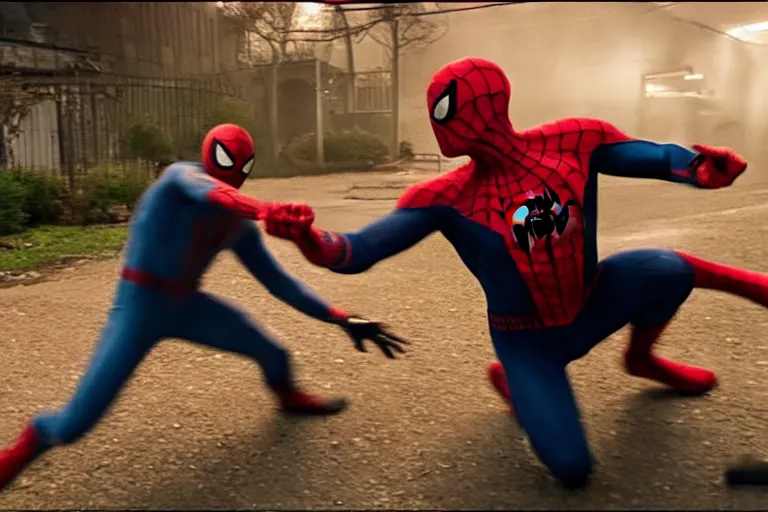 Image similar to Spider-Man fighting Venom live action fight scene by Emmanuel Lubezki