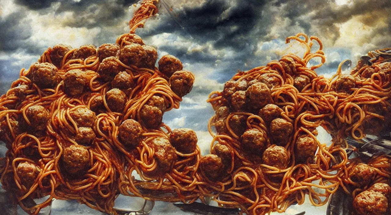 Image similar to perfect woman bodies inside spaghetti bolognesa with meatballs and hundred rusted perfect woman bodies flying in stormy clouds by dali, hyper - realism