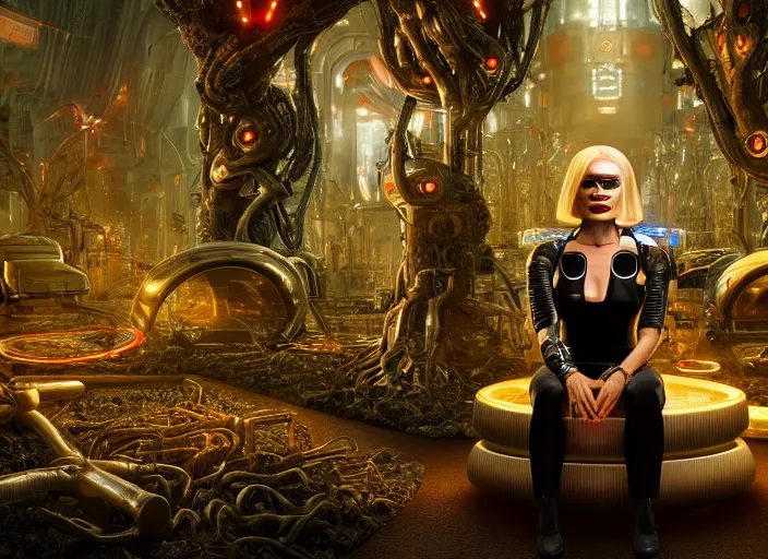 Prompt: photo of an intricate and sophisticated terminator woman with borg enhancements, blonde hair, plastic mask, sitting on a giant mushroom in a weird magical mechanical forest and drinking a cup of tea. Very detailed 8k. Fantasy cyberpunk horror. Sharp. Unreal 5 render with nanite, global illumination and path tracing. Cinematic post-processing