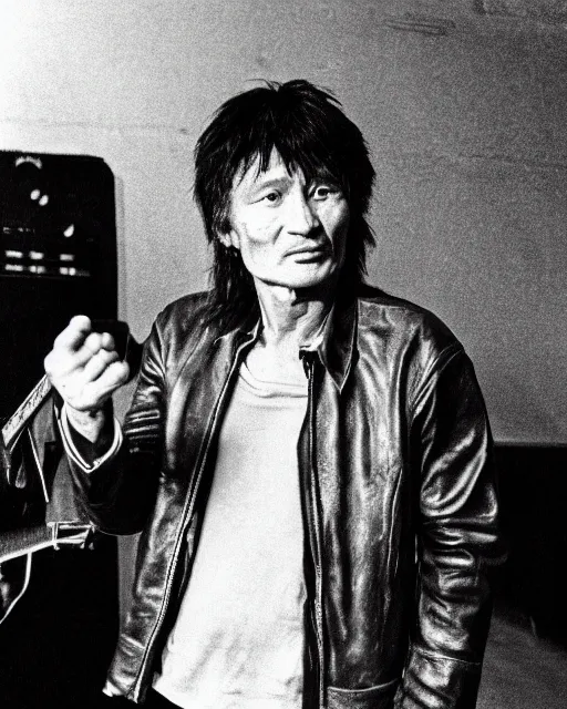 Prompt: sixty years old viktor tsoi with guitar in his hands, leather jacket, photo, microphone, rock concert, black and white, iso 9 0 0, 3 5 mm, kodak gold