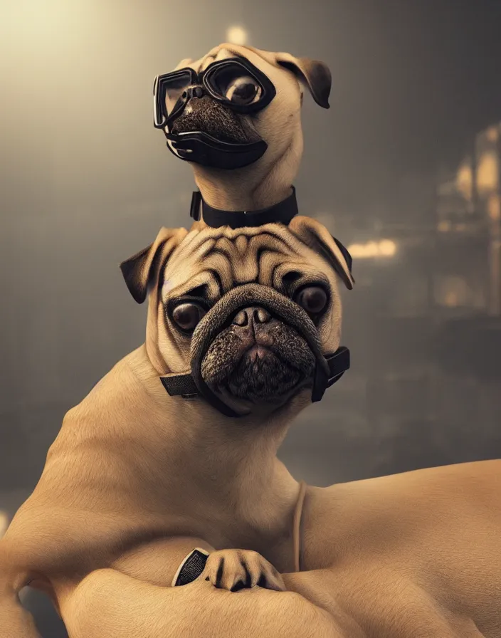 Image similar to a dog pug wearing a gas mask, intricate artwork by artstation. octane render, cinematic, hyper realism, 8k, depth of field.