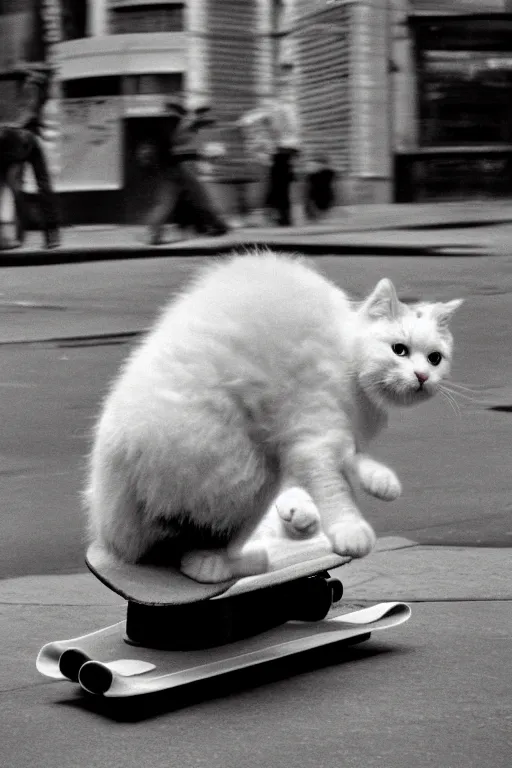 Image similar to leica s photograph, kodachrome film, subject is a white furry cat riding on a skateboard that is rolling down broadway in nyc, bruce gilden, detailed