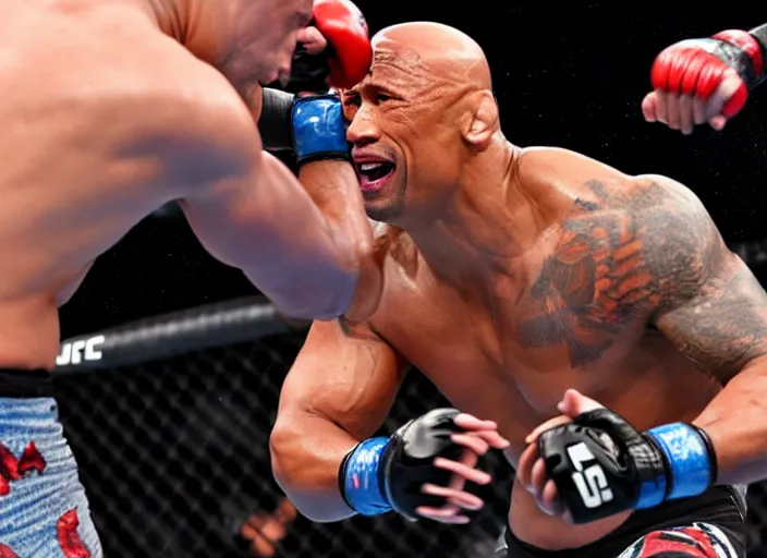 Image similar to dwayne the rock johnson knocking out an opponent in the ufc, 4 k, photorealistic