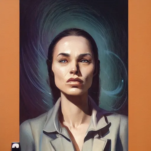 Image similar to detailed face of an intelligent clothed woman with kind eyes in a architectonic courtyard with whisps of smoke at a science expo, atmospheric, ambient, pj crook, syd mead, livia prima, artgerm, greg rutkowski, nick alm, casey baugh