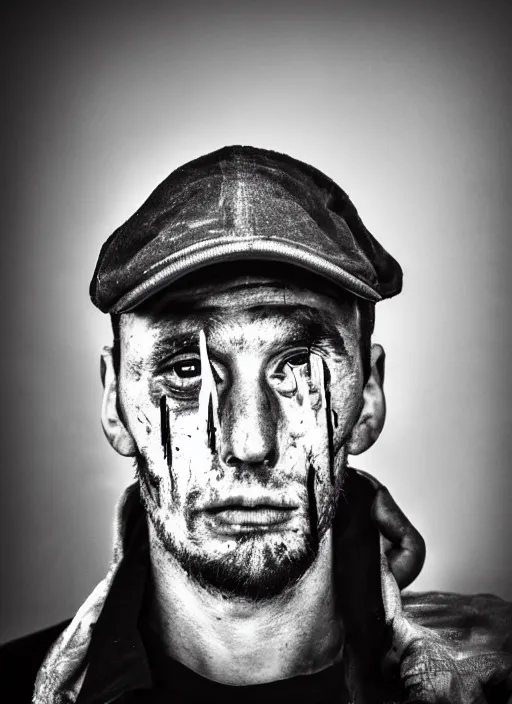 Prompt: A portrait photo of a drug addict , high contrast, black and white