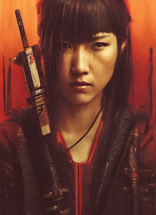 Prompt: Nikki Tanaka. female Cyberpunk samurai (blade runner 2049, cyberpunk 2077). Orientalist portrait by john william waterhouse and James Gurney and Theodore Ralli and Nasreddine Dinet, oil on canvas. Cinematic, hyper realism, realistic proportions, dramatic lighting, high detail 4k