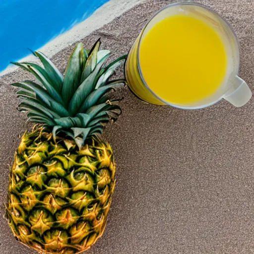 Image similar to pineapple juice chilling on the beach lying in a sun bed, realistic, hdr, clear image, hdd, dynamic lighting, rtx on,