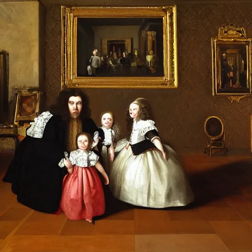 Image similar to extremely detailed oil painting of a family portrait in the main room of the castle painted in 1 6 5 6, dark room, one point of light coming through the window inspired by las meninas, clear spaces between each subject and good detail and realistic eyes, faces for each person, extreme perspective, textured photo - realism, inspired by diego velasquez better quiality