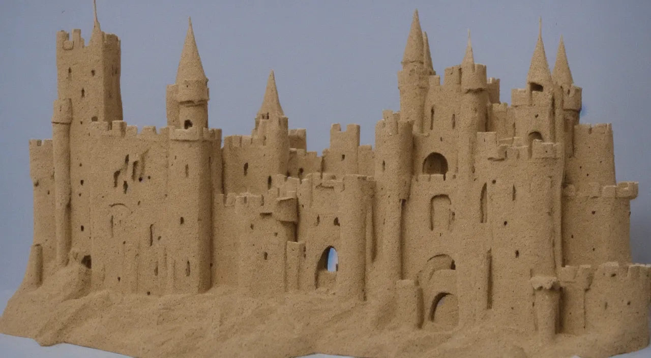 Prompt: Real size castle made of sand, 35mm photograph,