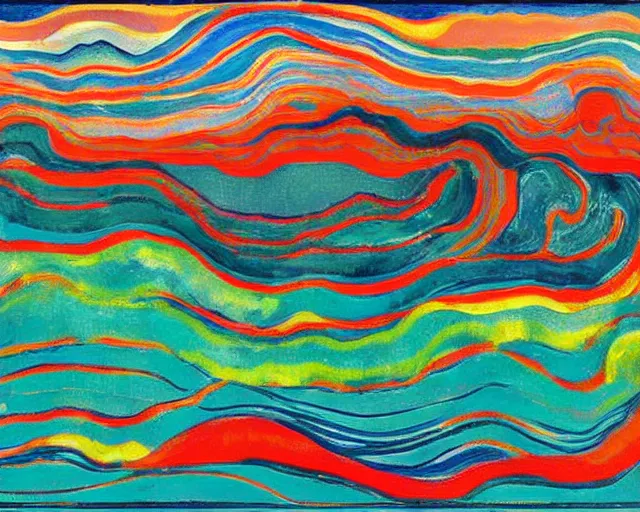 Image similar to Ocean waves in a psychedelic dream world. DMT. Curving rivers. Craggy mountains. Landscape painting by Edvard Munch. David Hockney. Wayne Thiebaud.