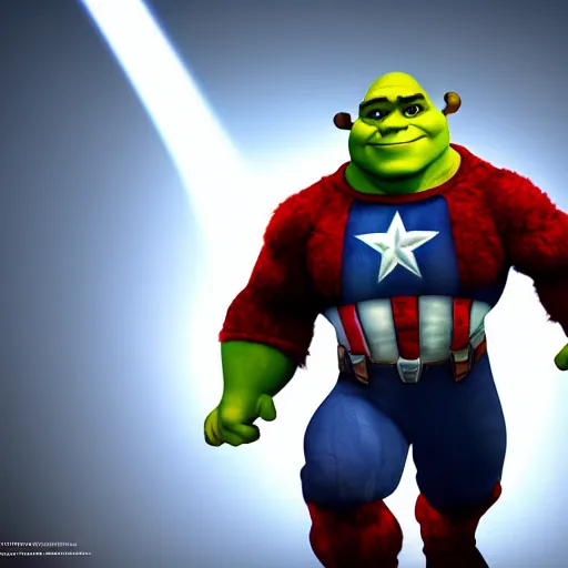 Image similar to digital painting of Shrek as Captain America, octane render, volumetric lightening, by marvel