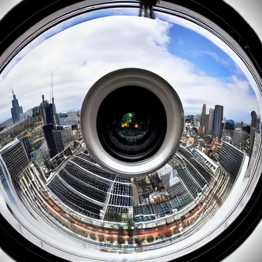 Image similar to widest fish eye lens extremely close viewing a wide eyed man in the city