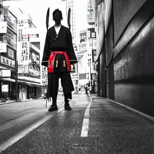 Prompt: a samurai wielding his katana in the middle of modern tokyo in cyberpunk style