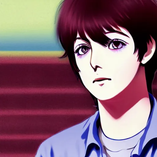 Image similar to anime illustration of young Paul McCartney from the Beatles, wearing a blue check shirt, long sideburns, ufotable