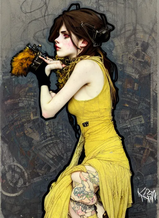 Prompt: highly detailed portrait of a moody sewerpunk young adult lady with a harris tweed holdy by krenz cushart, by artem demura, by alphonse mucha, by kaethe butcher, gradient yellow, black, brown and cyan color scheme, grunge aesthetic!!! ( ( graffiti tag city background ) )