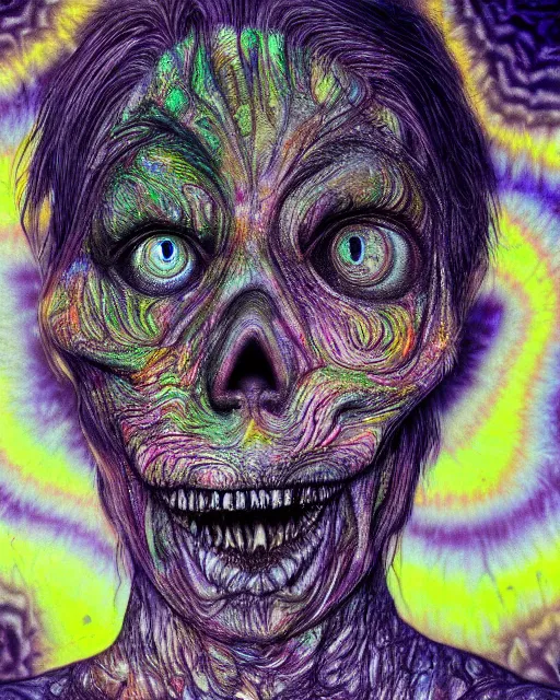 Image similar to realistic portrait of a creature experiment gone wrong, psychedelic, dark art, facing camera, photo realistic, detailed, 1 4 5 0, delicate, hyper realism, ultra realistic, 8 k