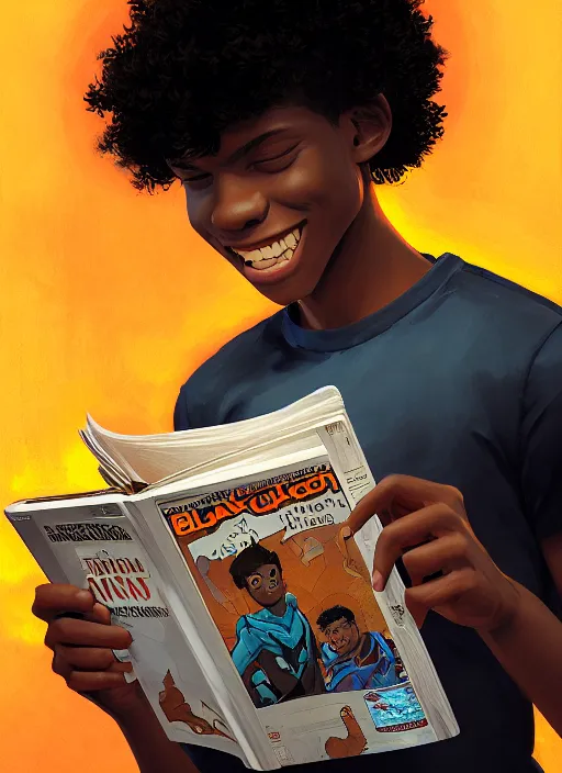 Image similar to portrait of teenage chuck clayton, black teenage boy, short curly hair, short hair square jaw, slight excited smile, reading a comic book, intricate, elegant, glowing lights, highly detailed, digital painting, artstation, concept art, smooth, sharp focus, illustration, art by wlop, mars ravelo and greg rutkowski