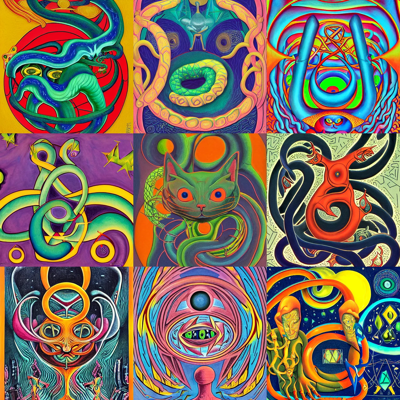 Prompt: a detailed gouache painting of a magick cat occult effigy that is a crescent shaped atomic latent spaces in between autobiological cybernetic resurgence of snake phonkadelic inspirations in the style of escher, alex grey, kubrick inspired by surrealism, symbolism, and dark fantasy