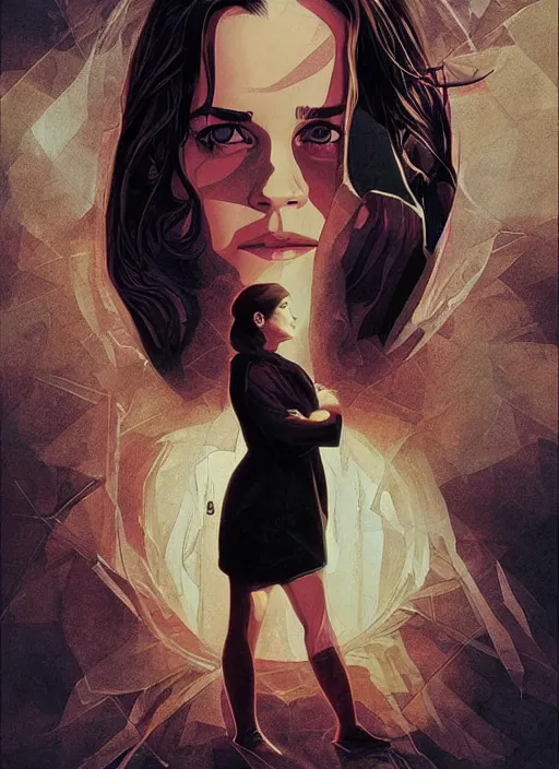 Image similar to poster artwork by Michael Whelan and Tomer Hanuka, Karol Bak of Emma Watson nun, repressing her feelings for her secret love from scene from Twin Peaks, clean