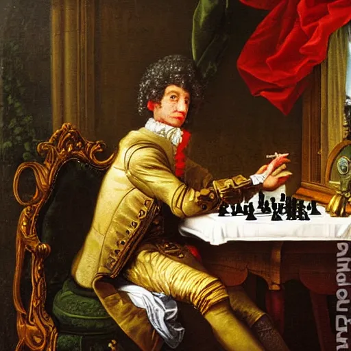 Image similar to robin wiiliams playing chess looking wise, rococo oil painting, highly detailed