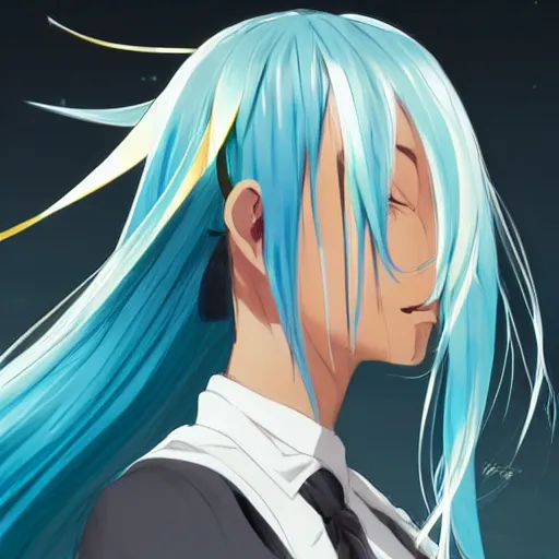 Image similar to profile shot of rimuru tempest looking forward, sky blue hair, ponytail, long bangs, gold eyes, black jacket with white stripes and a high collar, highly detailed, roman city, concept art, shutterstock, cinematic, wlop | artgerm, pixiv, ilya kuvshinov, greg rutkowski, yoshitaka amano