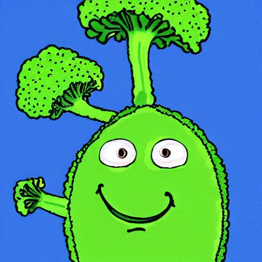 Image similar to dancing broccoli, he is very happy, smiling, children illustration, 2D