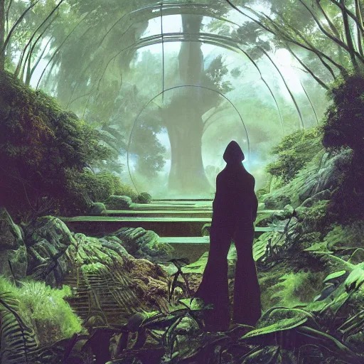 Image similar to portal in a middle of a lush futuristic forest, alien world seen through a portal, person in a cloak standing in front of a portal, syd mead, john harris