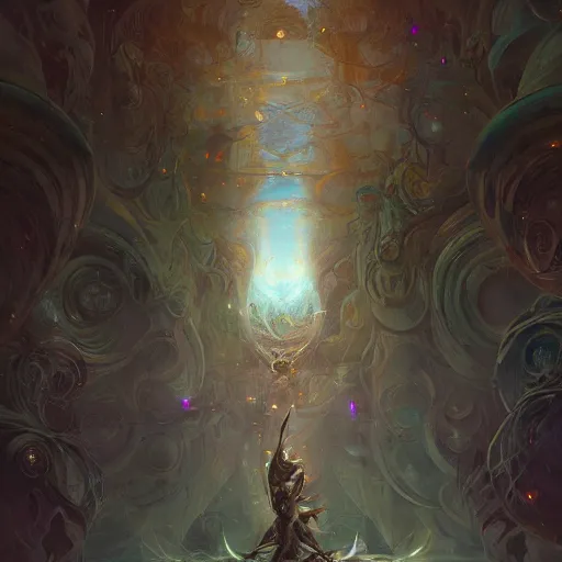 Prompt: god shatterng mirrors reflecting everything, unicorndragon insanely detailed and intricate by peter mohrbacher and craig mullins