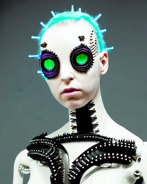 Image similar to symmetrical portrait of a biomechanical cyborg wearing a silicone steel spikes studded iridescent beauty mask and neon hair buns, wearing a black bodysuit by alexander mcqueen, cream white background, soft diffused light, biotechnology, humanoid robot, bjork aesthetic, translucent, by rineke dijkstra, intricate details, highly detailed, masterpiece,