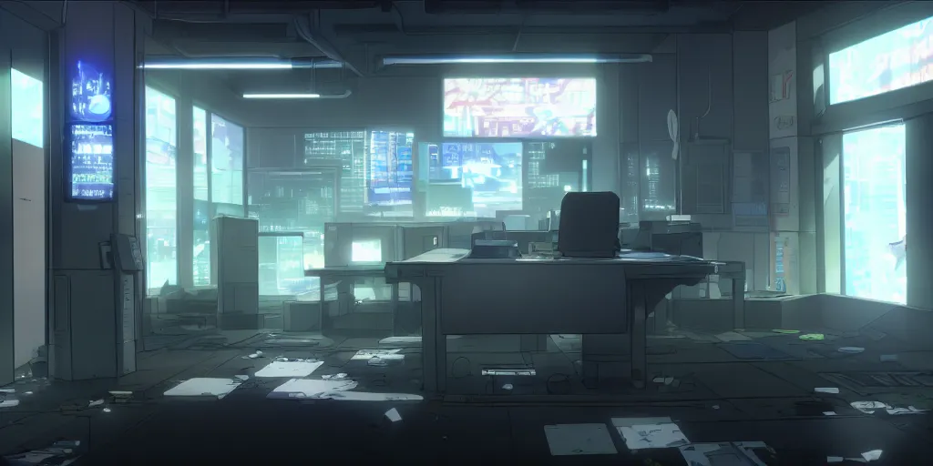 Image similar to an empty after hours cyberpunk police police office in the cyberpunk anime film, Shichiro Kobayashi, screenshot in the anime series ergo proxy ergo proxy and Detroit metal city, interior