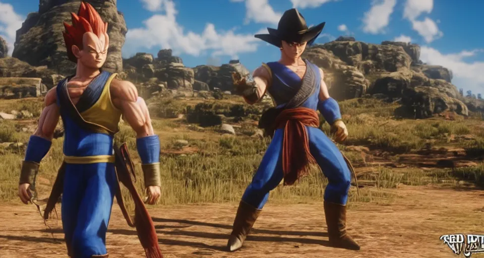 Image similar to Screenshot of Vegeta as a 3d cowboy in full cowboy attire in the videogame 'Red Dead Redemption 2'. Sharpened. 1080p. High-res. Ultra graphical settings.