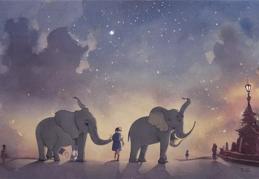 Image similar to a hyperrealist watercolor concept art from a studio ghibli film showing a giant grey dumbo the elephant. a temple is under construction in the background in india on a misty and starry night. by studio ghibli. very dull muted colors