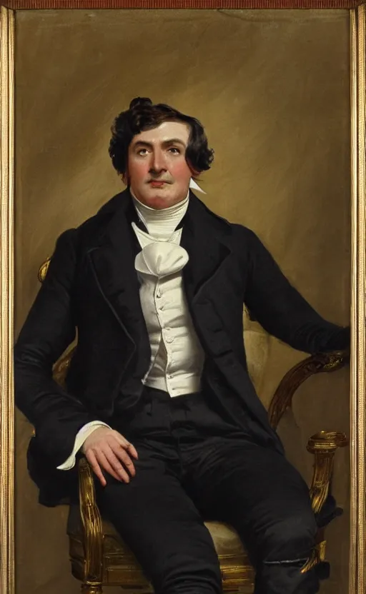 Prompt: portrait of a victorian politician, wearing a suit, sitting down, detailed face, male, victorian, highly detailed, cinematic lighting, painting by thomas lawrence