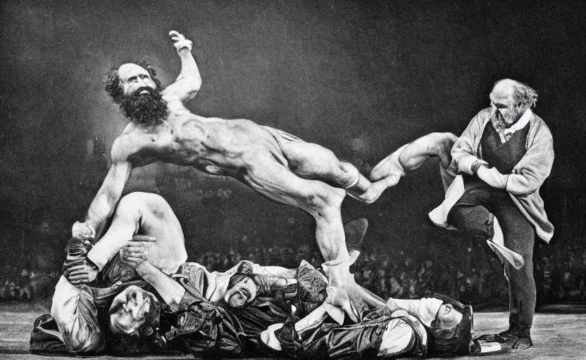 Image similar to the photo of Karl Marx as a wrestler suplexing Friedrich Nietsche, 2014 WWE championship match, sports photo, highly detailed, Canon EOS 5D Mark 2, ƒ/5.6, focal length: 160.0 mm, Exposure time: 1/160, ISO: 1600