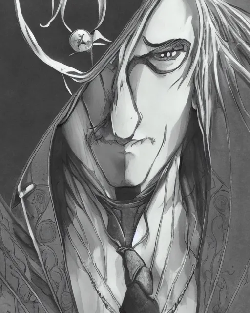 Image similar to portrait of alucard from castlevania, elegant, beautiful, mesmerizing, concept art, inspired by otoyomegatari manga, fancy clothing, highly detailed, artstation, behance, deviantart, trending, kaoru mori