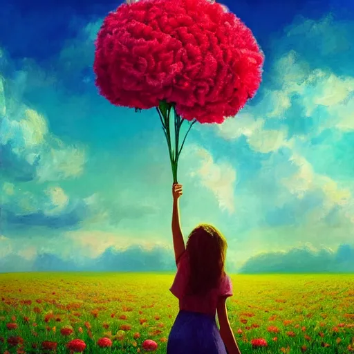 Prompt: head made of carnations, girl standing in a vast flower field, holding flowers, surreal photography, sunrise dramatic light, impressionist painting, colorful clouds, large sky, digital painting, artstation, simon stalenhag, flower face