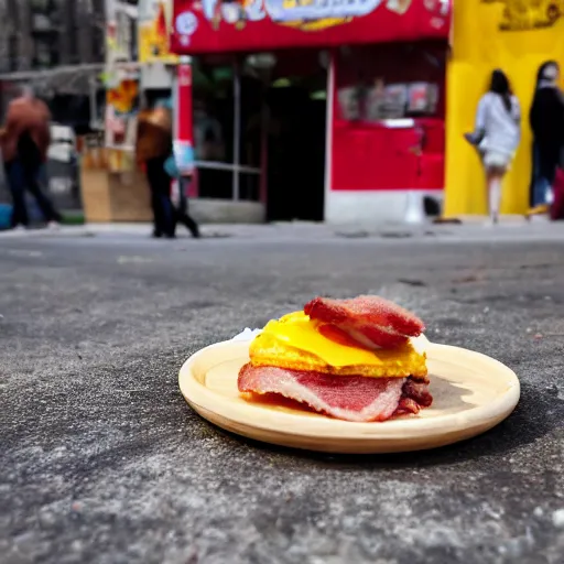 Prompt: levitating bacon egg and cheese sandwich in front of a bodega in Brooklyn