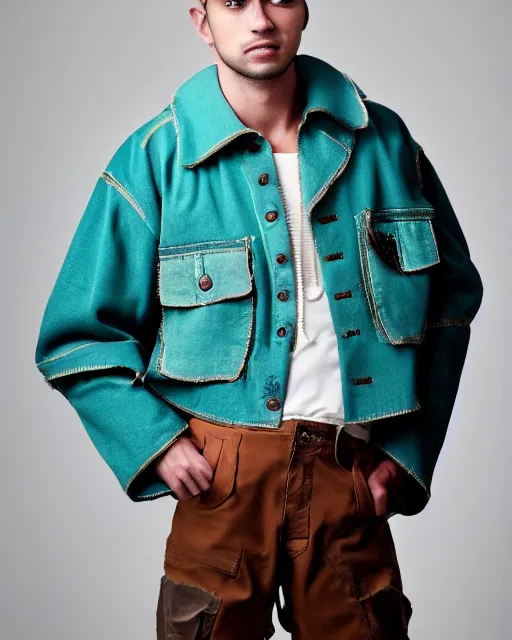 Prompt: an award - winning photo of a male model wearing a cropped baggy teal distressed medieval menswear harrington jacket by issey miyake, 4 k, studio lighting, wide angle lens