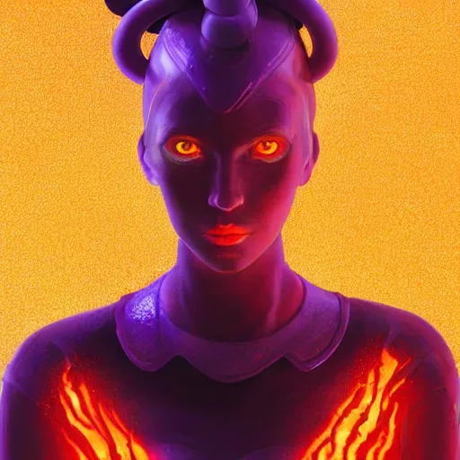 Prompt: A professional digital portrait painting of a young adult female tiefling with (skin that looks like fire), dressed in light armor, 4k, digital art, trending on cgsociety, highly detailed, paint by Wes Anderson, head and shoulders shot, shallow depth of field, purple and yellow lighting, professional lighting, airbrush, Hayao Miyazaki