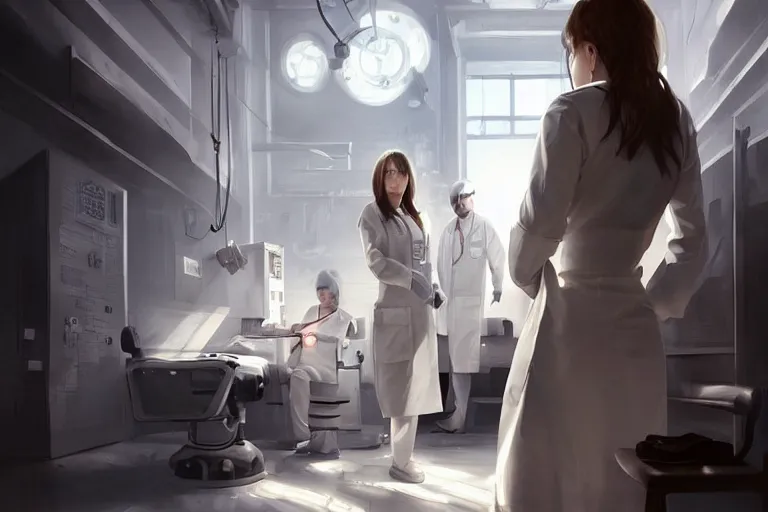 Prompt: a poster of emergency room, an elegant and beautiful female doctor in a white coat, cinematic, highly detailed, digital painting, artstation, concept art, matte, sharp focus, illustration, art by artgerm and greg rutkowski