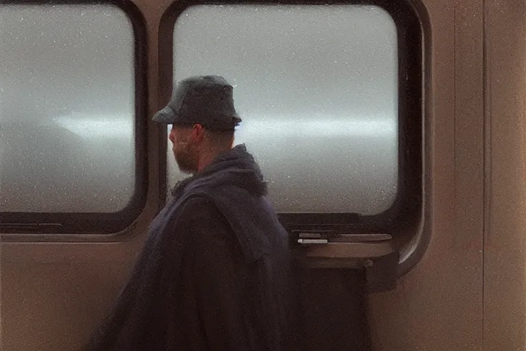 Prompt: man looks out of a train window, dim lighting, lonely, digital art, by wlop, by jeremy lipking, highly detailed, expressive painting, dark atmosphere, moody, octane render, rainy weather