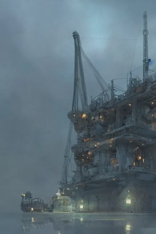 Prompt: a highly detailed matte painting of a soviet steampunk oil rig in fog at night by studio ghibli, makoto shinkai, by artgerm, by wlop, by greg rutkowski, volumetric lighting, octane render, 4 k resolution, trending on artstation, masterpiece