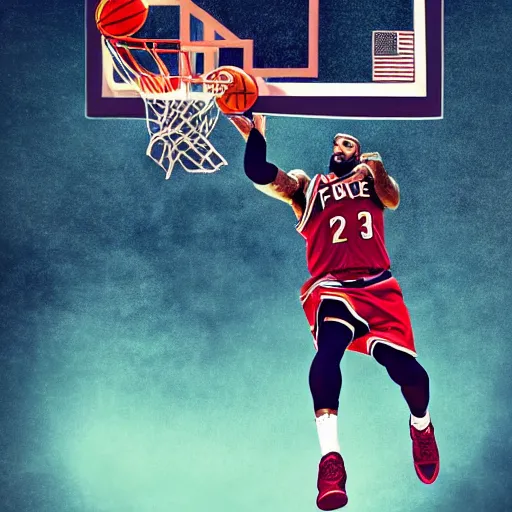 Image similar to a sports center sports action shot poster of lebron james dunking a basketball during a game, professional photography, cool poster design, photoshopped, epic, trending on artstation