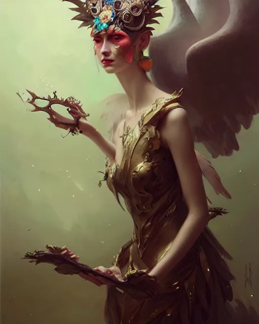 Image similar to a fantasy owl queen, beauty portrait by peter mohrbacher, tom bagshaw, greg rutkowski, wlop, ruan jia, opulent costume inspired by iris van herpen