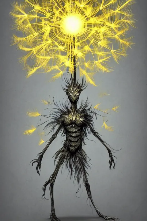 Image similar to a glowing humanoid figure dandelion monster with large glowing eyes, highly detailed, digital art, sharp focus, trending on art station, artichoke, anime art style