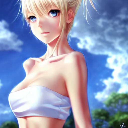 Image similar to tiny father a tall daughter picture : a very beautiful young blond anime girl, sky blue eyes, bikini, white miniskirt, highly detailed, cinematic wallpaper by stanley artgerm lau