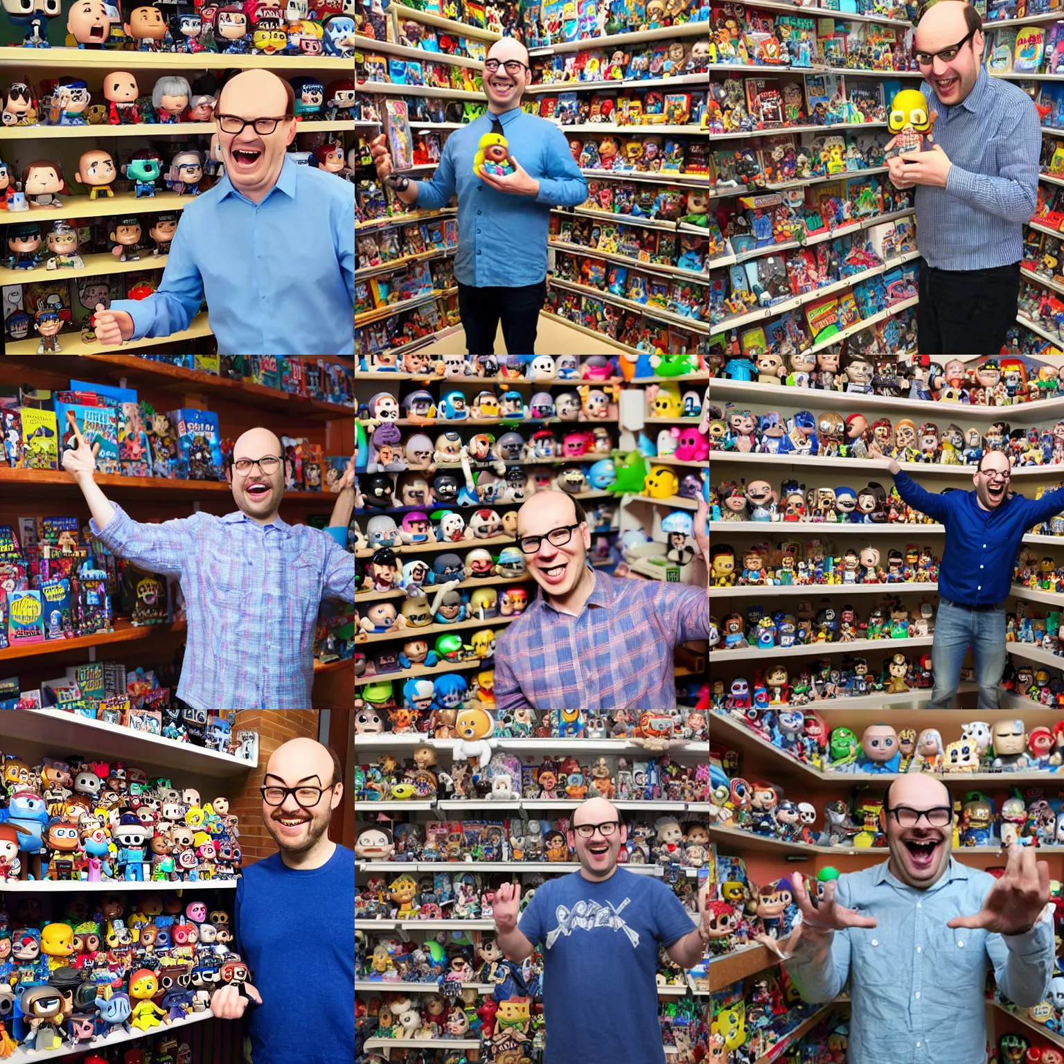 Prompt: a happy nerdy balding guy surprised in front of his collection of funko pop, realistic