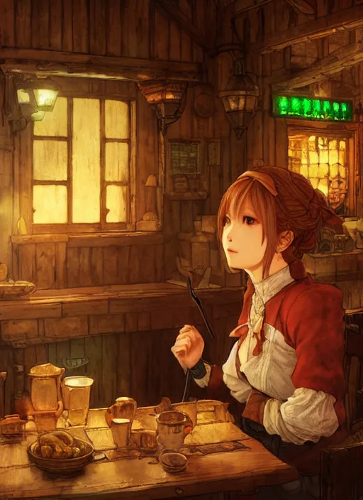 Image similar to portrait of the emerald herald sitting in a cozy tavern, hidari, color page, tankoban, 4K, tone mapping, Akihiko Yoshida.