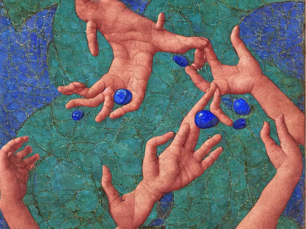 Image similar to sculpted hand with visible veins holding an eye. lapis - lazuli, emerald, turquoise, malachite, cinnabar, earth brown. painting by piero della francesca, ernst haeckel, agnes pelton